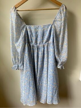 Square-Neck Mini Dress in Light Blue Floral